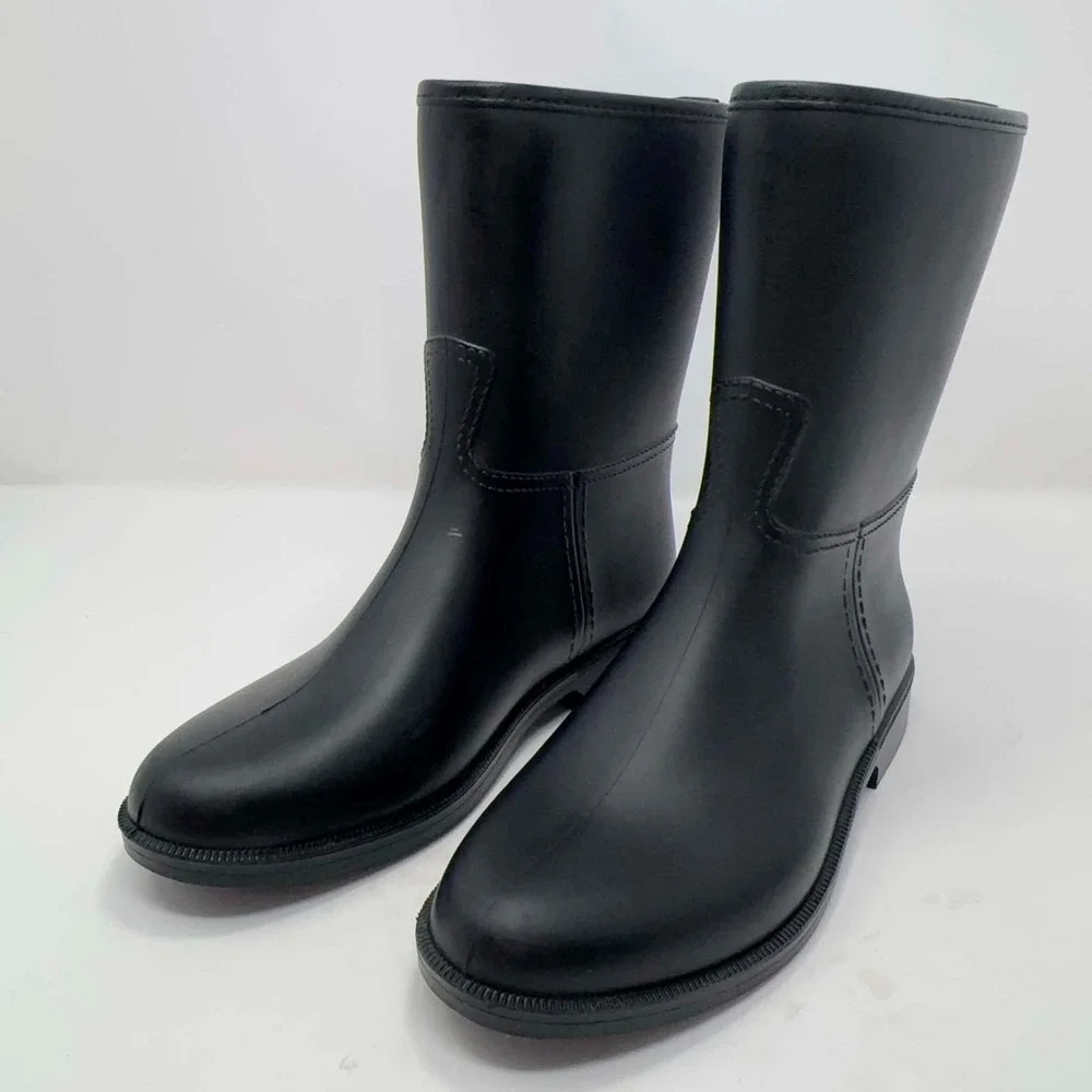 NEW Barneys New York Black Rubber Riding Rain Boots Womens 37 US 6.5  Mid Calf